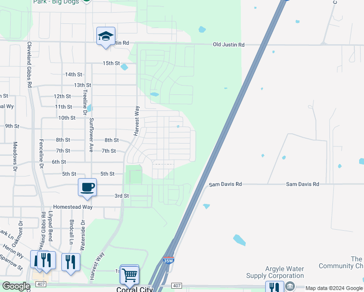 map of restaurants, bars, coffee shops, grocery stores, and more near 7551 Praire Mound Cemetary Road in Argyle