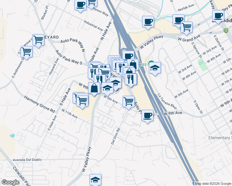 map of restaurants, bars, coffee shops, grocery stores, and more near 1400 West 9th Avenue in Escondido
