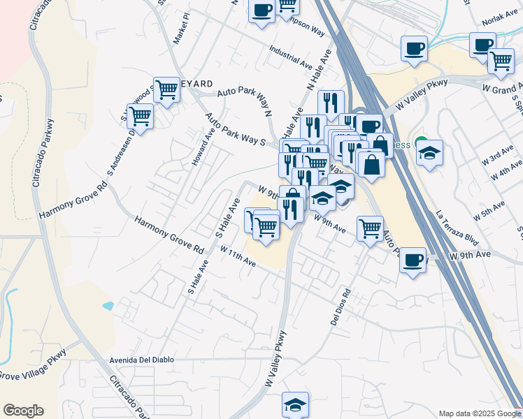 map of restaurants, bars, coffee shops, grocery stores, and more near 1605 West 9th Avenue in Escondido