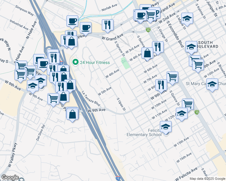 map of restaurants, bars, coffee shops, grocery stores, and more near 1001 West 5th Avenue in Escondido