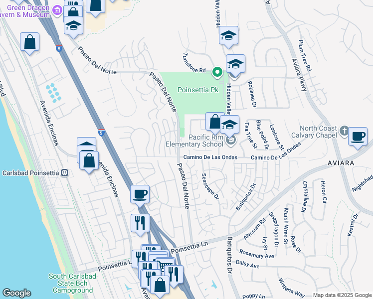 map of restaurants, bars, coffee shops, grocery stores, and more near 929 Fuchsia Lane in Carlsbad