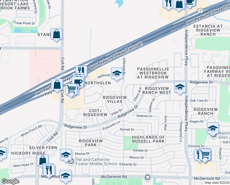 map of restaurants, bars, coffee shops, grocery stores, and more near 9820 De Loach Drive in Plano