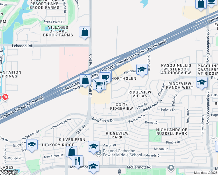 map of restaurants, bars, coffee shops, grocery stores, and more near Karlovich Drive in Plano