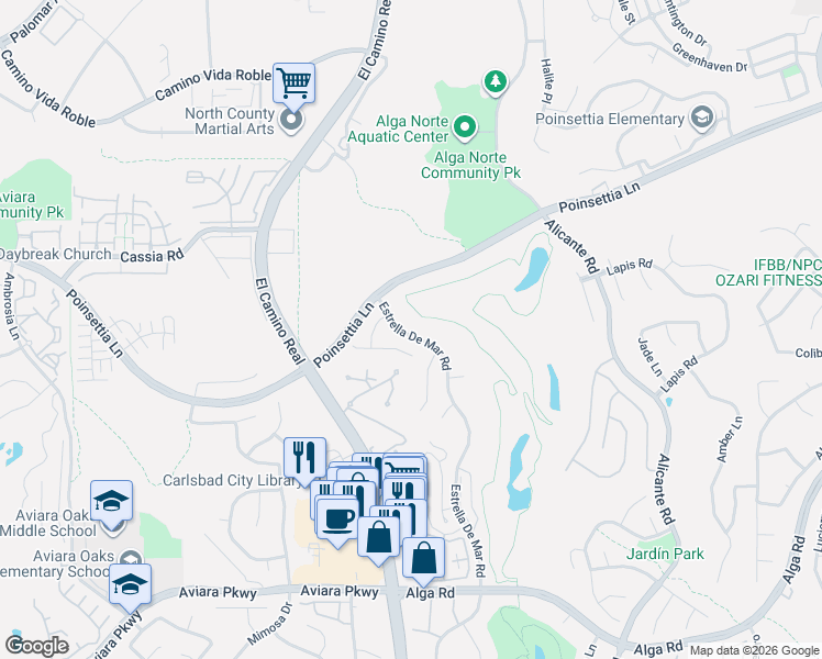 map of restaurants, bars, coffee shops, grocery stores, and more near 6744 Estrella De Mar Road in Carlsbad