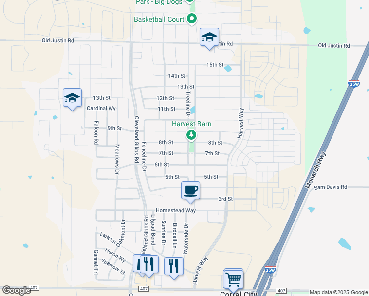 map of restaurants, bars, coffee shops, grocery stores, and more near 711 Treeline Drive in Argyle