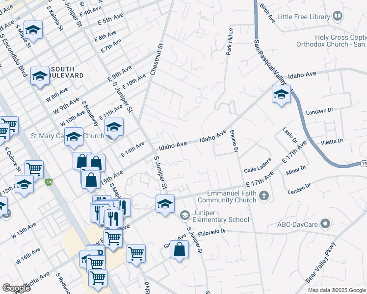 map of restaurants, bars, coffee shops, grocery stores, and more near 407A Idaho Avenue in Escondido