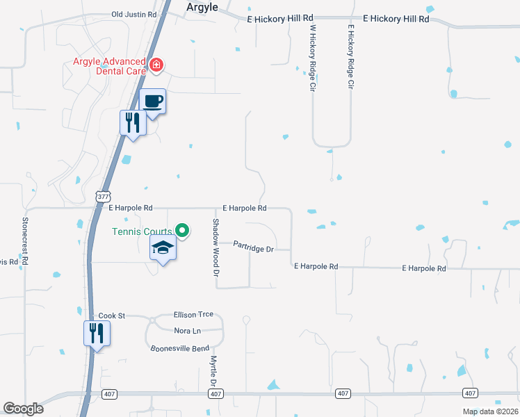 map of restaurants, bars, coffee shops, grocery stores, and more near 203 East Harpole Road in Argyle