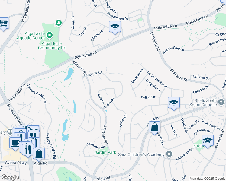 map of restaurants, bars, coffee shops, grocery stores, and more near 2381 Larimar Avenue in Carlsbad