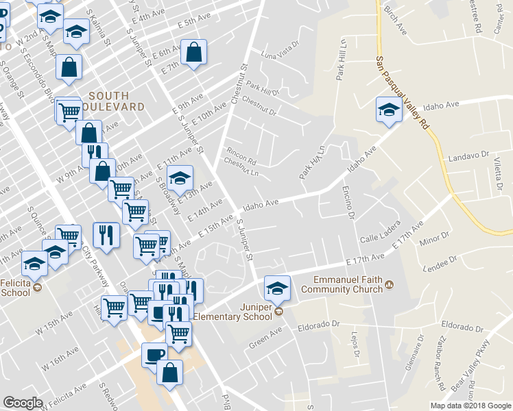 map of restaurants, bars, coffee shops, grocery stores, and more near 352 Idaho Avenue in Escondido