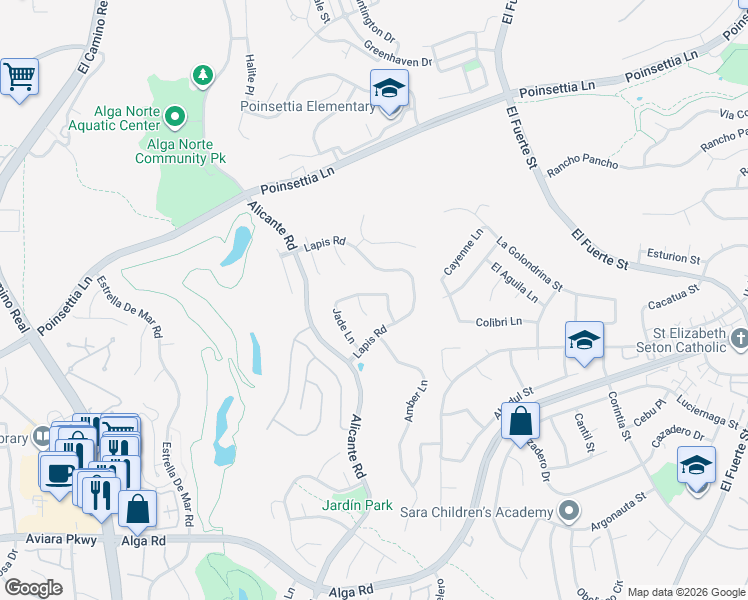 map of restaurants, bars, coffee shops, grocery stores, and more near 2377 Larimar Avenue in Carlsbad