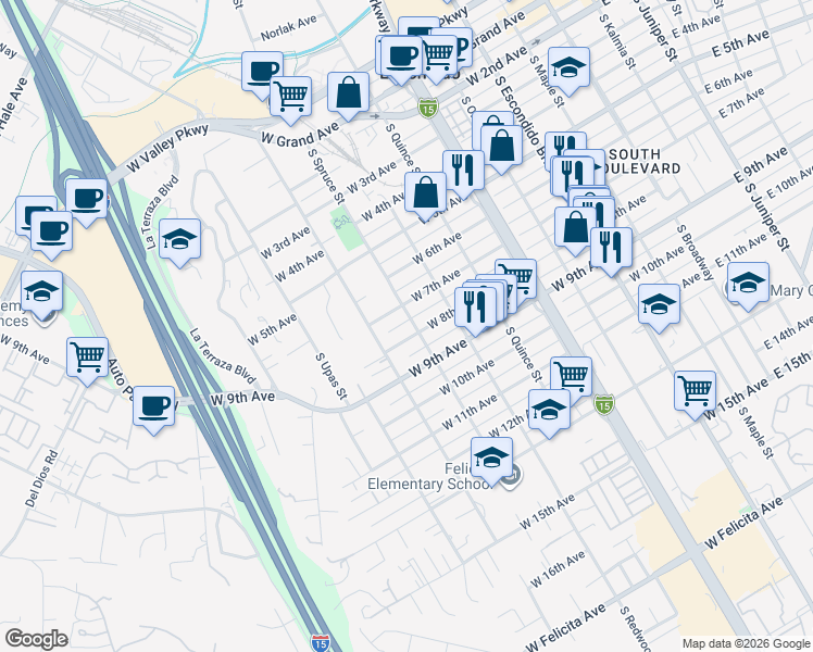 map of restaurants, bars, coffee shops, grocery stores, and more near 741 South Spruce Street in Escondido