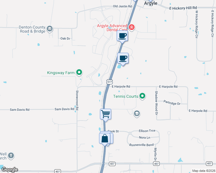 map of restaurants, bars, coffee shops, grocery stores, and more near U.S. Route 377 in Argyle