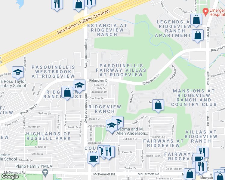 map of restaurants, bars, coffee shops, grocery stores, and more near 9717 Southern Hills Drive in Plano