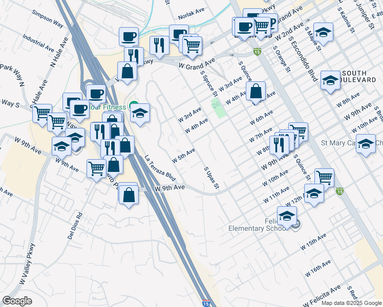 map of restaurants, bars, coffee shops, grocery stores, and more near 1001 West 5th Avenue in Escondido