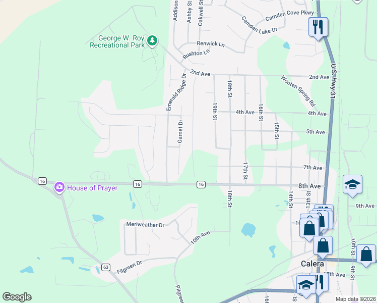 map of restaurants, bars, coffee shops, grocery stores, and more near 1071 Garnet Drive in Calera