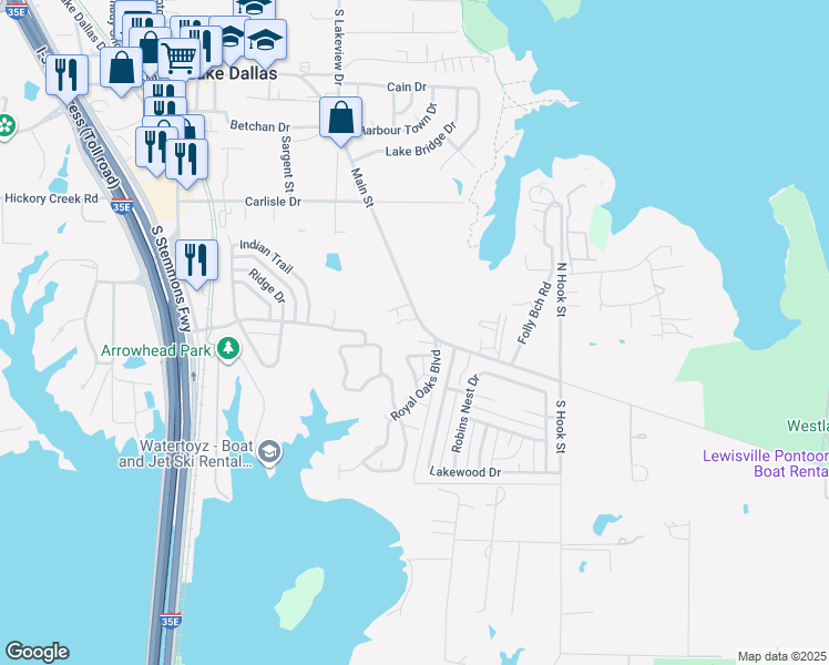 map of restaurants, bars, coffee shops, grocery stores, and more near 742 Main Street in Lake Dallas