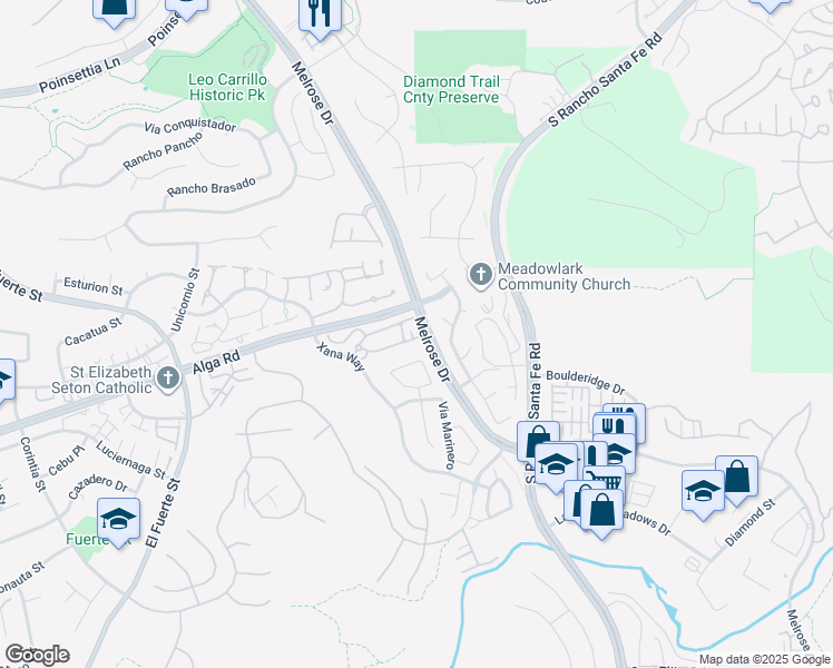 map of restaurants, bars, coffee shops, grocery stores, and more near 6616 Corte Real in Carlsbad