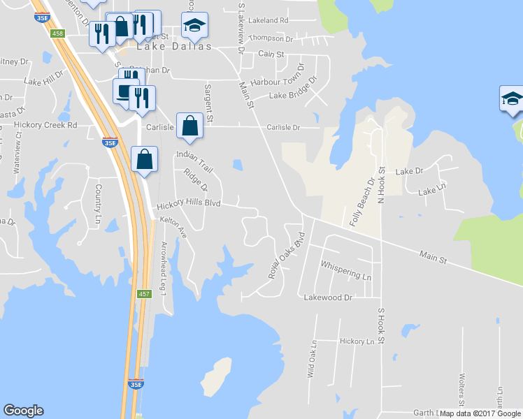 map of restaurants, bars, coffee shops, grocery stores, and more near 35 Hickory Hills Boulevard in Lake Dallas