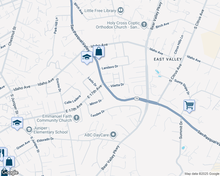 map of restaurants, bars, coffee shops, grocery stores, and more near 1722 San Pasqual Valley Road in Escondido