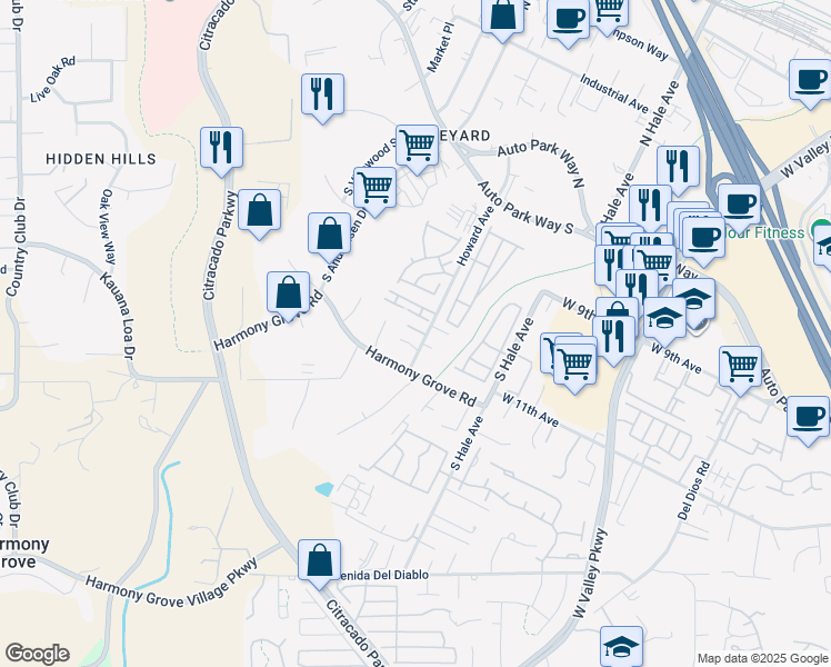 map of restaurants, bars, coffee shops, grocery stores, and more near 1027 Howard Avenue in Escondido