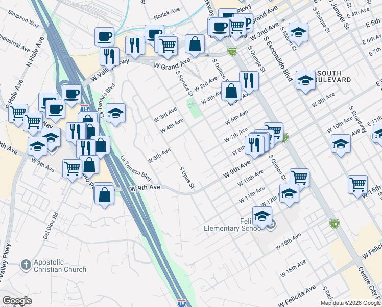 map of restaurants, bars, coffee shops, grocery stores, and more near 615 Schafer Place in Escondido