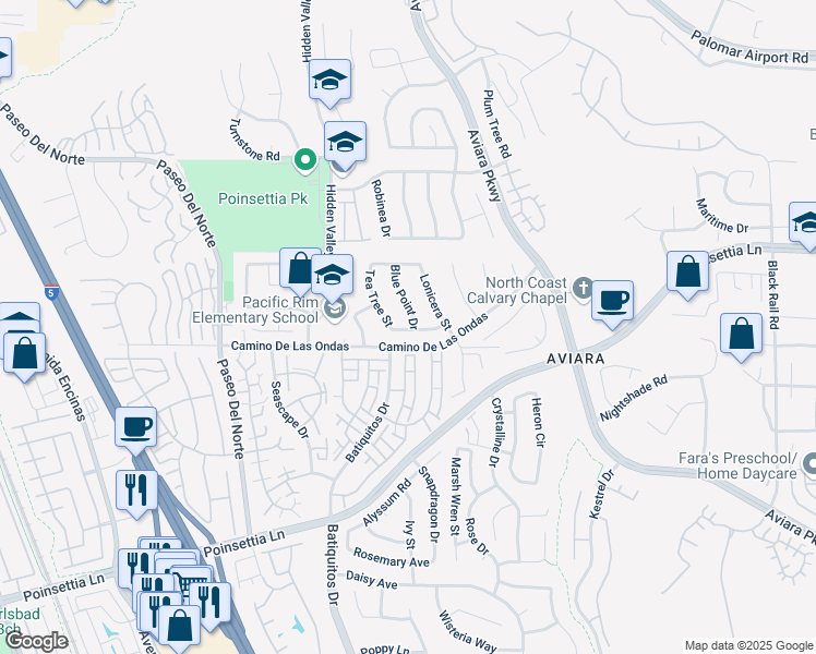 map of restaurants, bars, coffee shops, grocery stores, and more near 6754 Blue Point Drive in Carlsbad