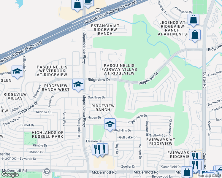 map of restaurants, bars, coffee shops, grocery stores, and more near 9717 Southern Hills Drive in Plano
