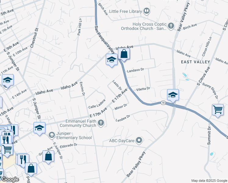 map of restaurants, bars, coffee shops, grocery stores, and more near 1654 Palomino Lane in Escondido