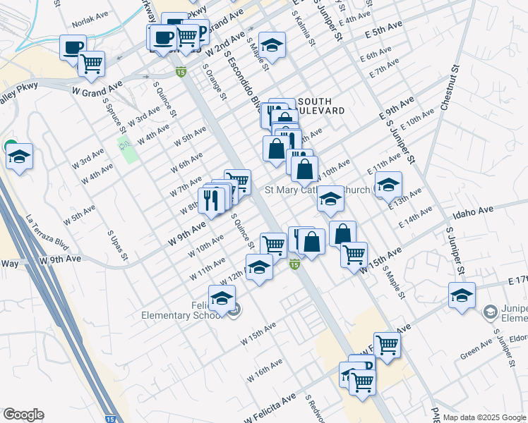 map of restaurants, bars, coffee shops, grocery stores, and more near Centre City Parkway in Escondido