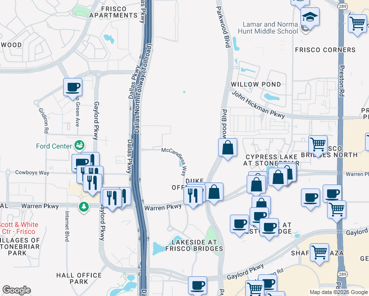map of restaurants, bars, coffee shops, grocery stores, and more near 7624 Warren Parkway in Frisco