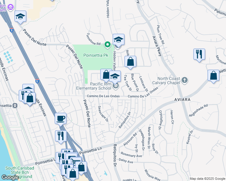 map of restaurants, bars, coffee shops, grocery stores, and more near 1100 Camino De Las Ondas in Carlsbad