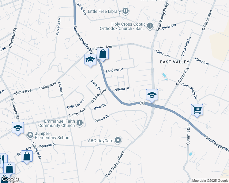map of restaurants, bars, coffee shops, grocery stores, and more near 1722 San Pasqual Valley Road in Escondido