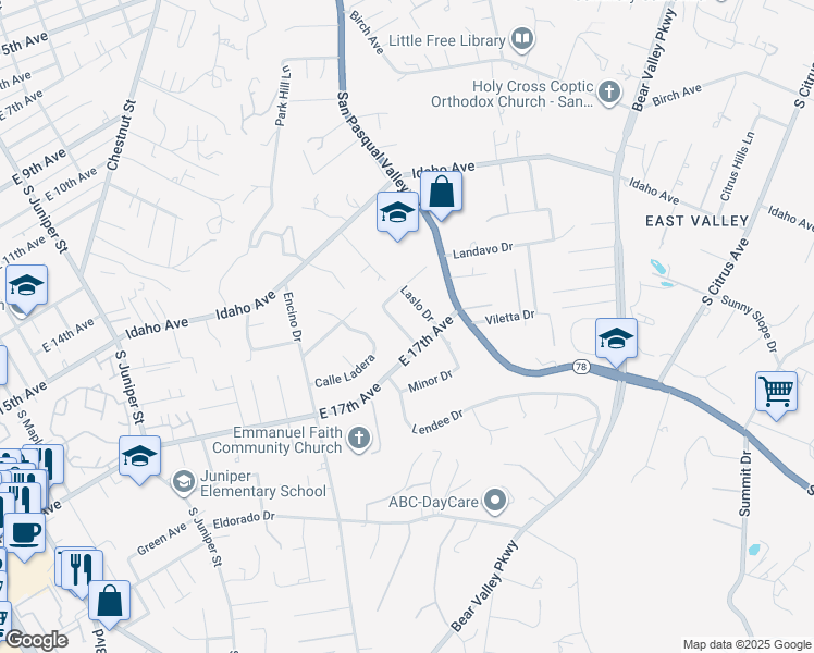 map of restaurants, bars, coffee shops, grocery stores, and more near 1654 Palomino Lane in Escondido