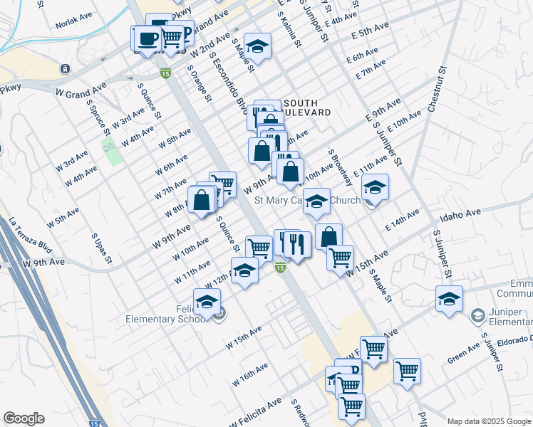 map of restaurants, bars, coffee shops, grocery stores, and more near 421 West 10th Avenue in Escondido