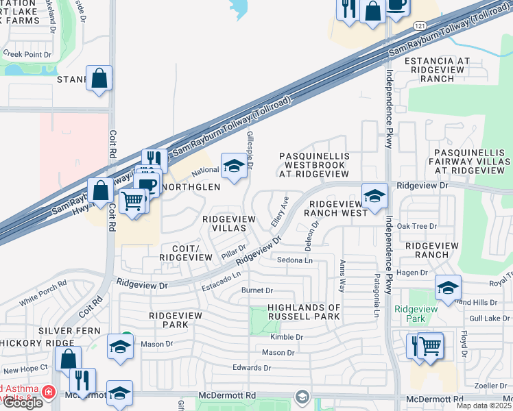map of restaurants, bars, coffee shops, grocery stores, and more near 9744 Fandango Lane in Plano