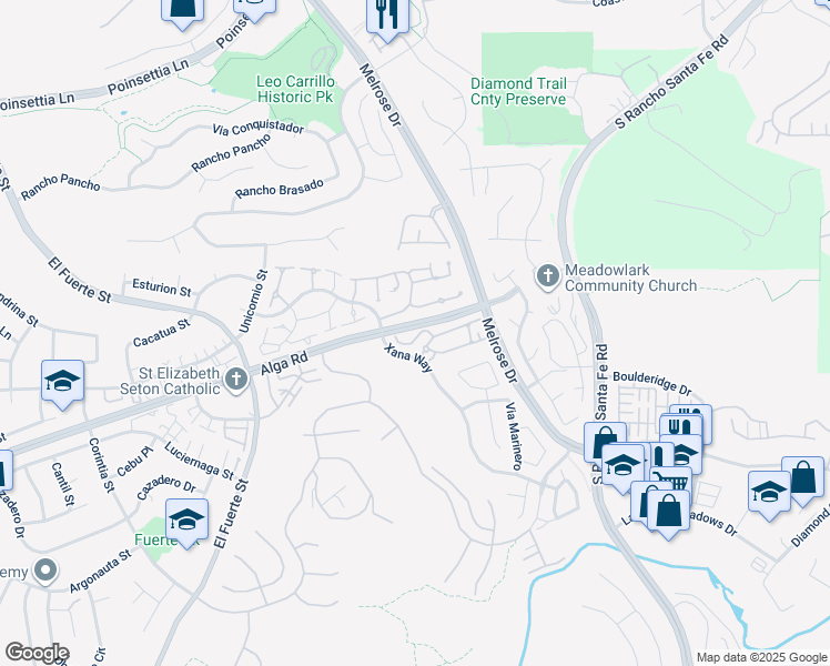 map of restaurants, bars, coffee shops, grocery stores, and more near 3438 Corte Viejo in Carlsbad