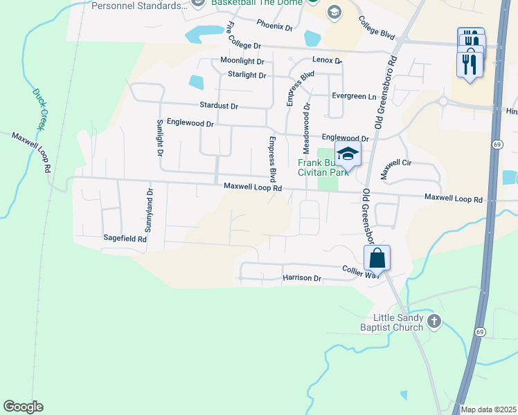 map of restaurants, bars, coffee shops, grocery stores, and more near 2301 Maxwell Loop Road in Tuscaloosa