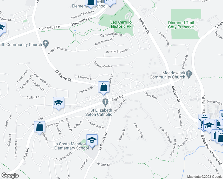 map of restaurants, bars, coffee shops, grocery stores, and more near 6525 Paseo Frontera in Carlsbad