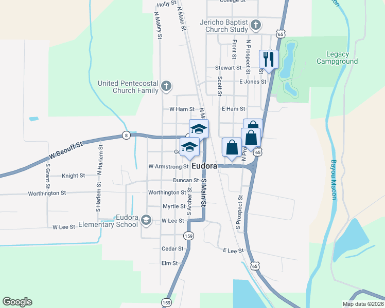 map of restaurants, bars, coffee shops, grocery stores, and more near 143 North Archer Street in Eudora