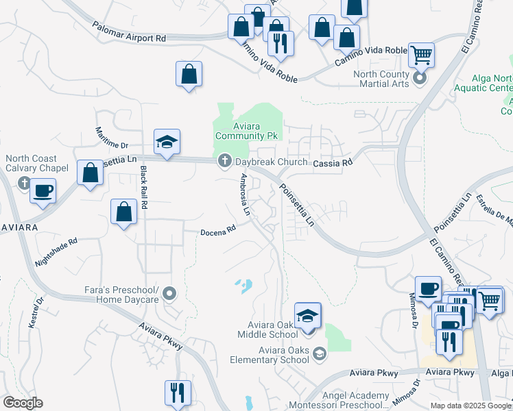 map of restaurants, bars, coffee shops, grocery stores, and more near 6600 Ambrosia Lane in Carlsbad