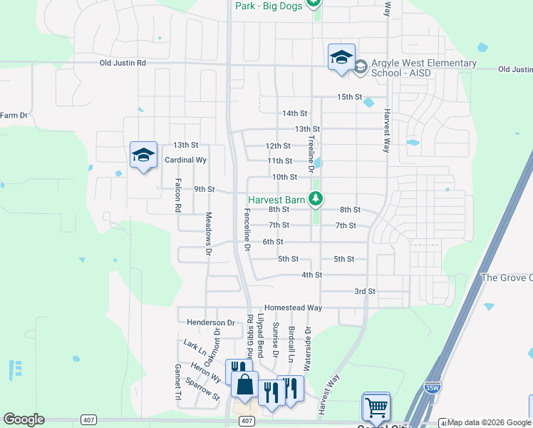 map of restaurants, bars, coffee shops, grocery stores, and more near 1505 8th Street in Argyle