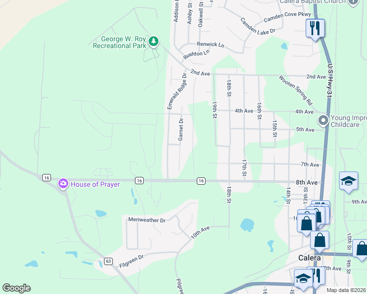 map of restaurants, bars, coffee shops, grocery stores, and more near 1071 Garnet Drive in Calera