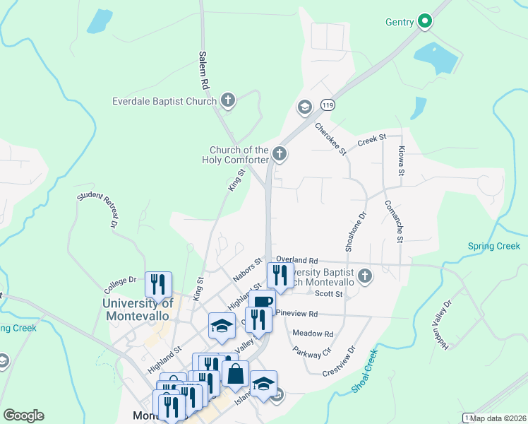 map of restaurants, bars, coffee shops, grocery stores, and more near 1635 Ashville Road in Montevallo