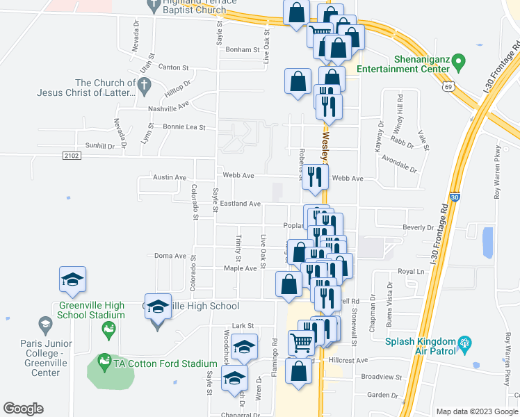 map of restaurants, bars, coffee shops, grocery stores, and more near 3101 Eastland Avenue in Greenville