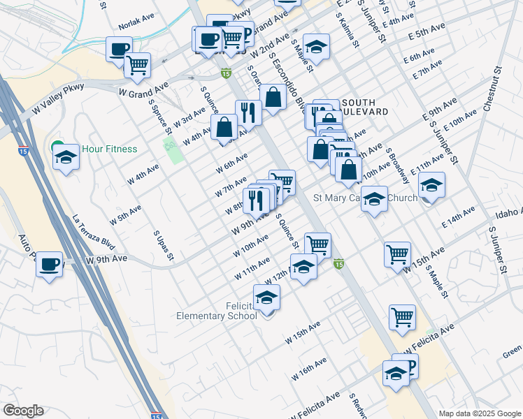 map of restaurants, bars, coffee shops, grocery stores, and more near 626 W 9th Ave in Escondido