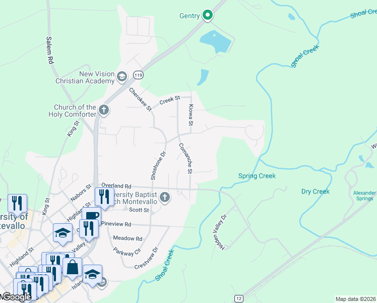 map of restaurants, bars, coffee shops, grocery stores, and more near 120 Posawi Circle in Montevallo