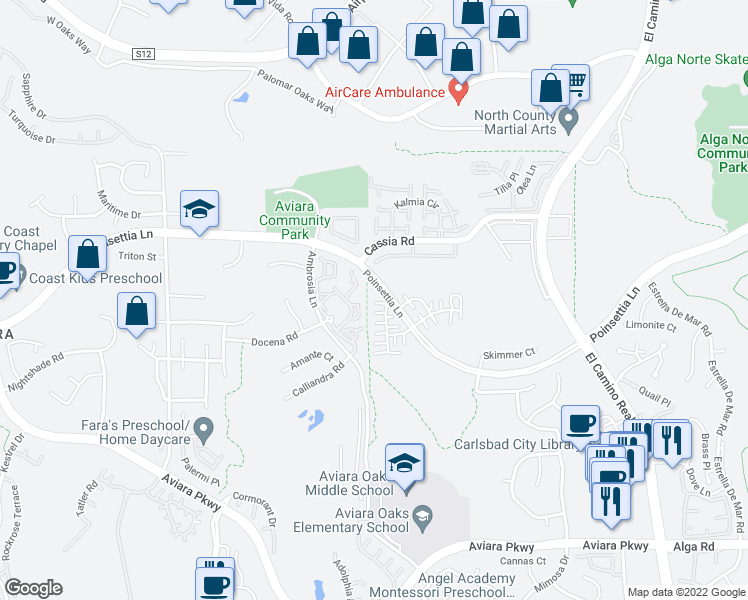 map of restaurants, bars, coffee shops, grocery stores, and more near 6611 Encelia Place in Carlsbad