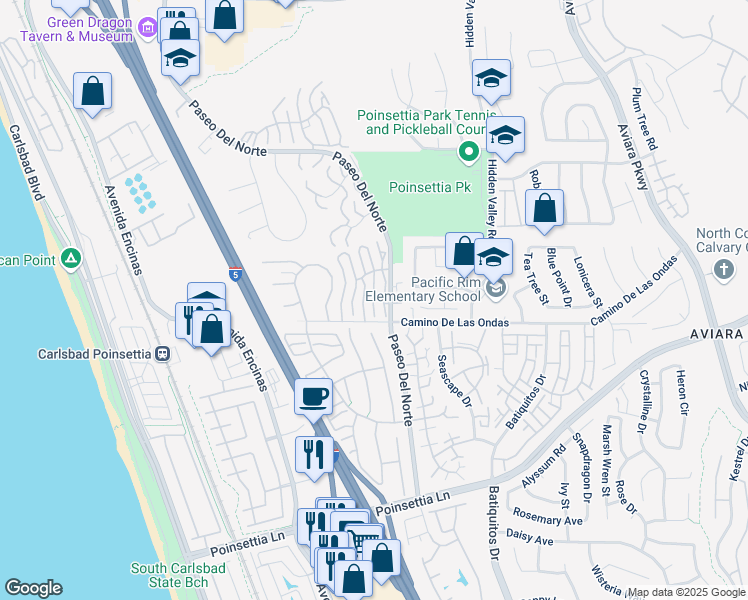 map of restaurants, bars, coffee shops, grocery stores, and more near 6749 Montia Ct in Carlsbad
