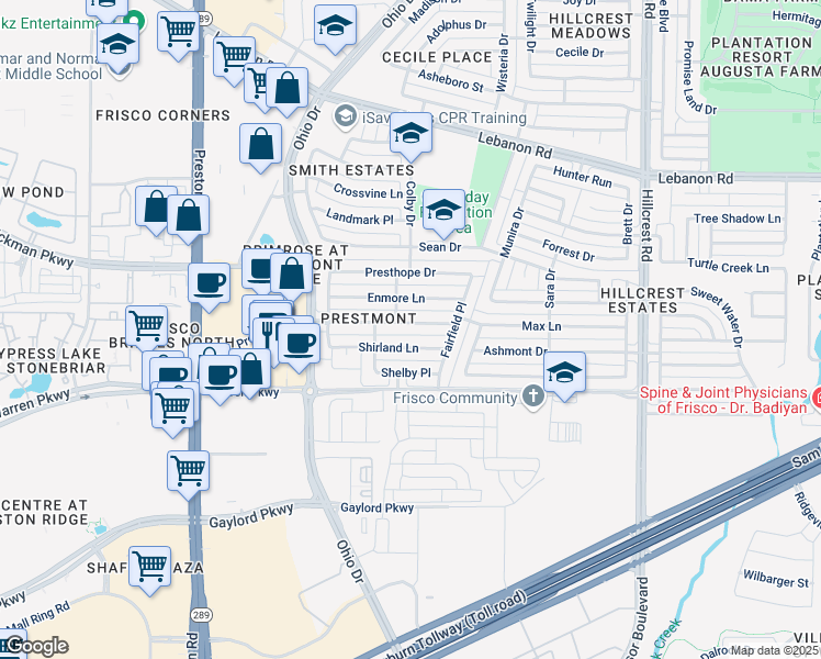 map of restaurants, bars, coffee shops, grocery stores, and more near 9613 Prestmont Place in Frisco