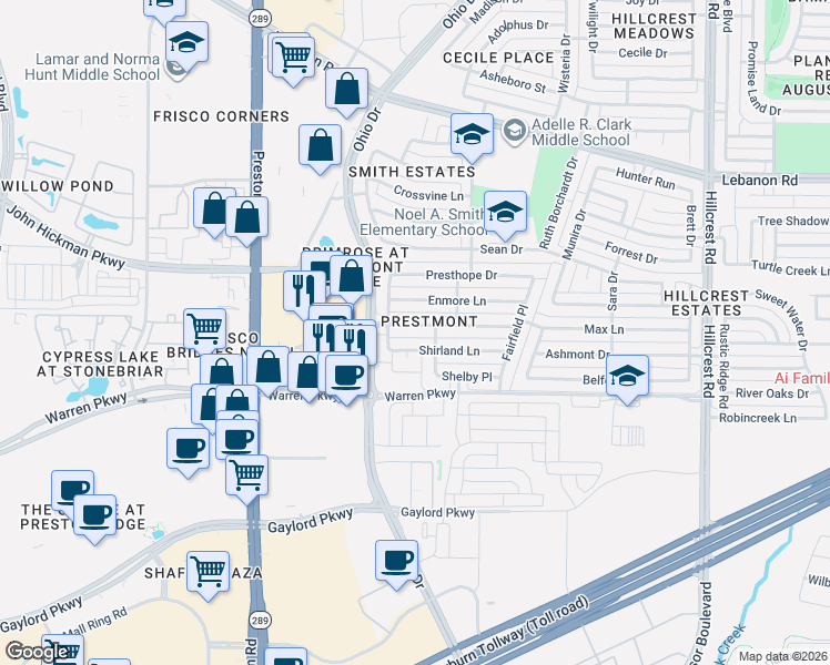 map of restaurants, bars, coffee shops, grocery stores, and more near 9507 Prestmont Place in Frisco